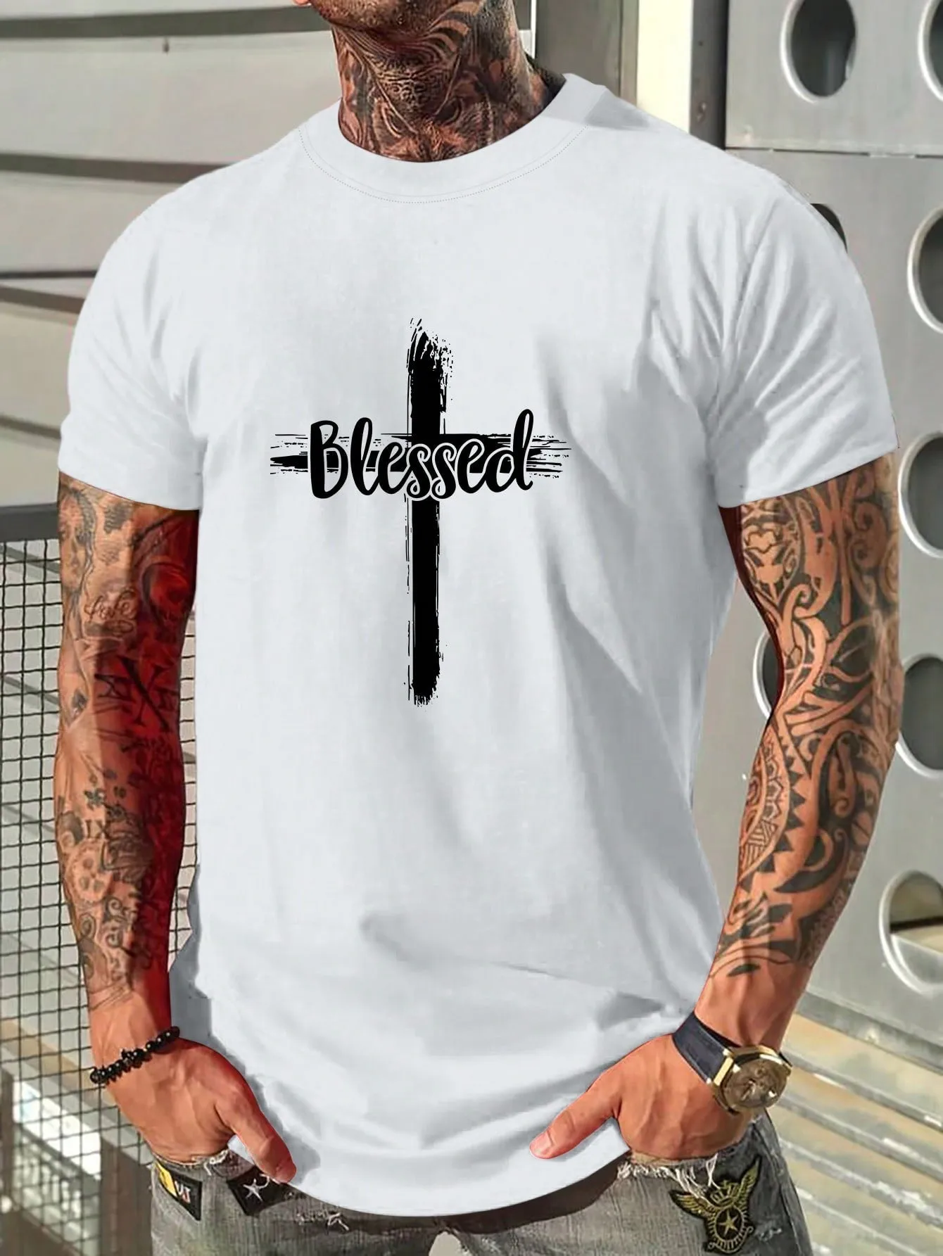 Men's Casual Cross & Letter Print T-shirt, Round Neck, Short Sleeve