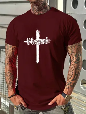 Men's Casual Cross & Letter Print T-shirt, Round Neck, Short Sleeve