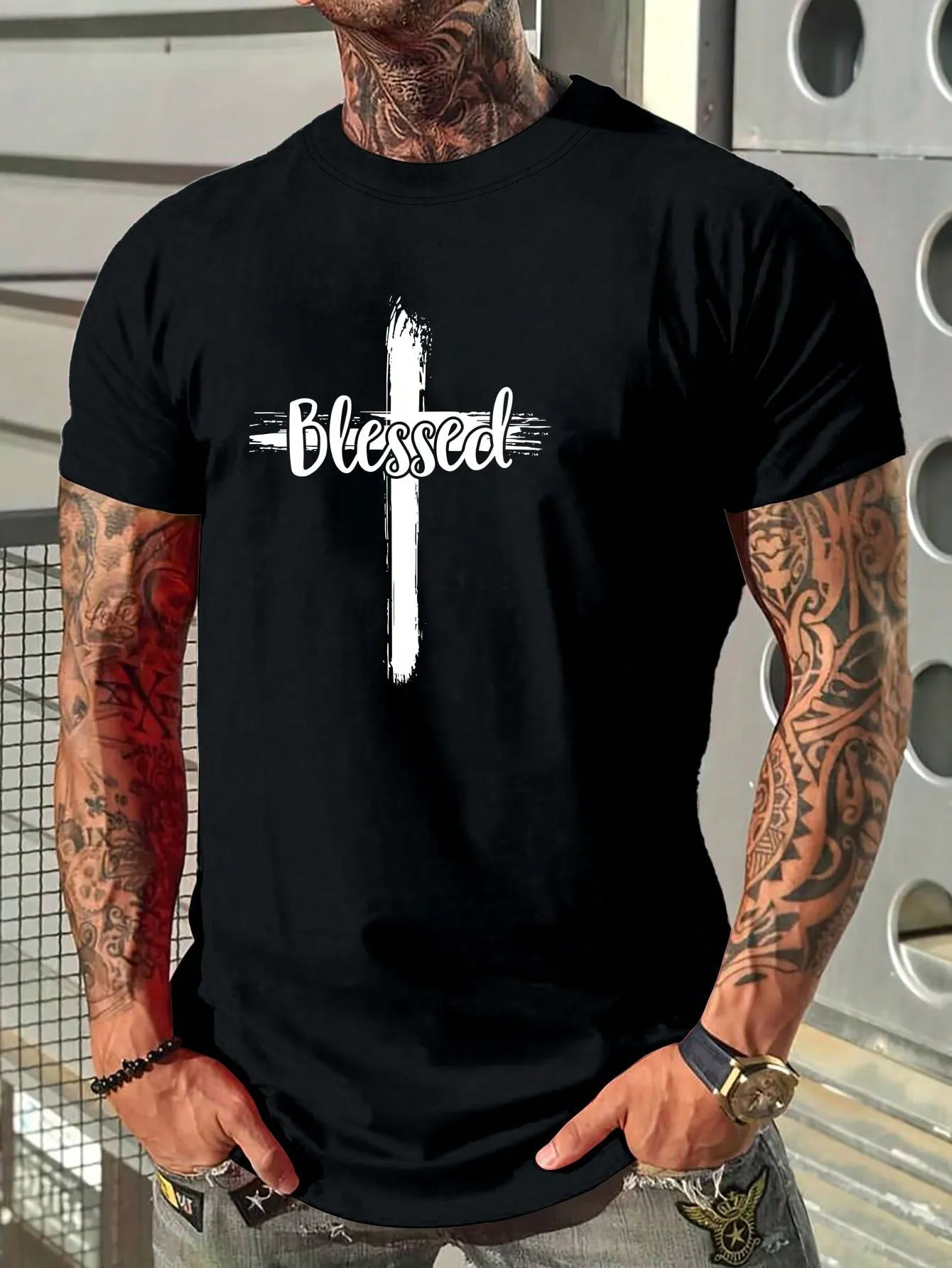 Men's Casual Cross & Letter Print T-shirt, Round Neck, Short Sleeve