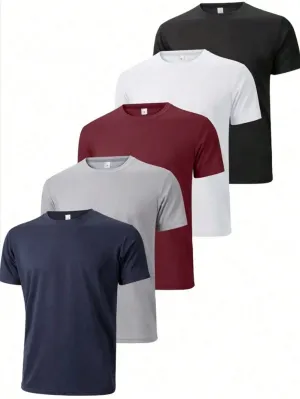 Men's Plus Size Casual Solid Color Round Neck T-Shirt, Short Sleeve, Asymmetrical Hem