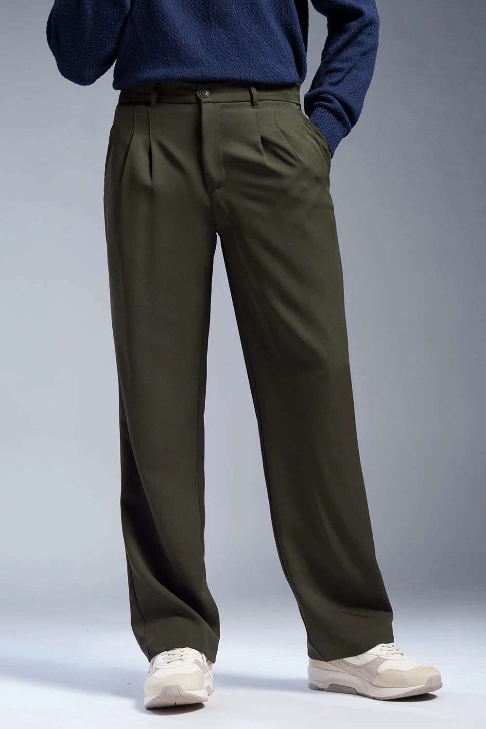 Military Olive Men's Double Pleated Korean Pants