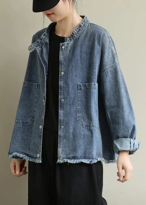 Modern stand collar pockets Plus Size Coats Women denim blue Knee jackets