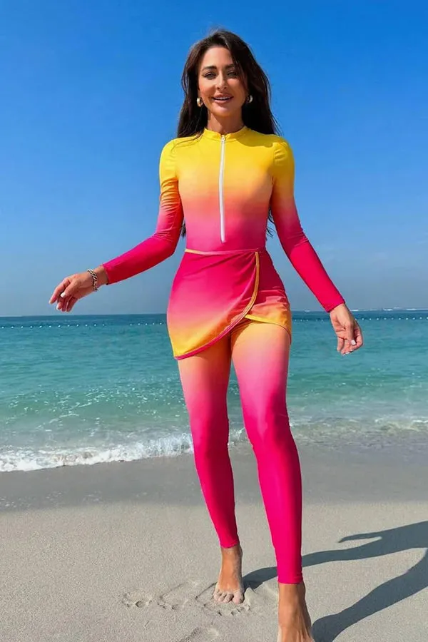 Muslim Modest Swimsuit Long Sleeve Tie Dye One-piece With zip UPF50  Rash Guard