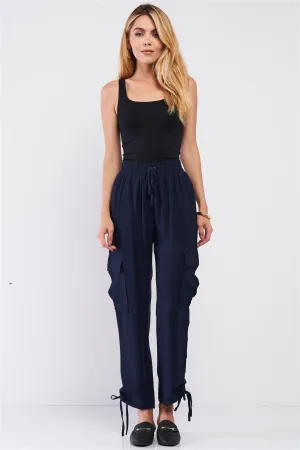 Navy Elastic Draw String Tie High Waist Two Side Leg Pockets Self-Tie Bottom Drawstring Jogger Pants /1-2-2