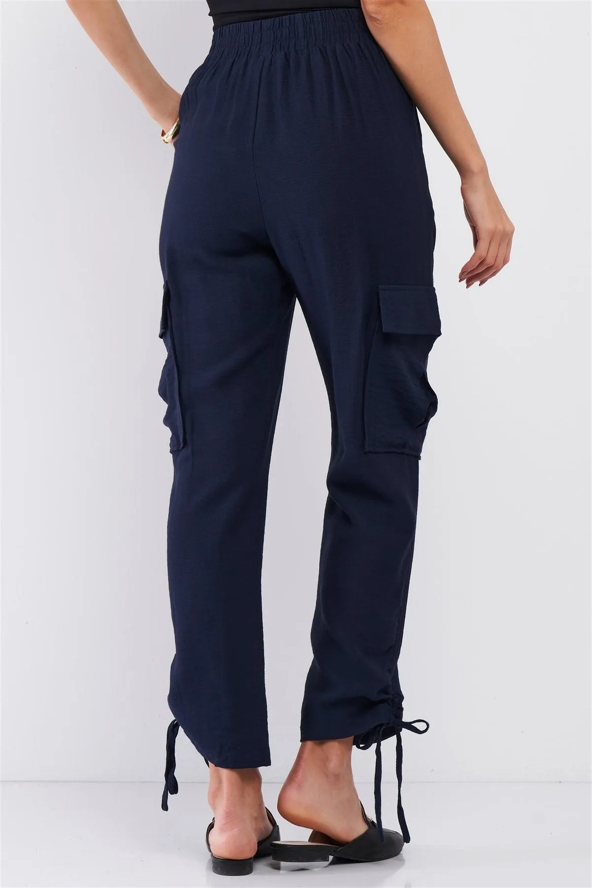 Navy Elastic Draw String Tie High Waist Two Side Leg Pockets Self-Tie Bottom Drawstring Jogger Pants /1-2-2