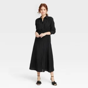 New - Women's Long Sleeve Collared Midi Crepe Shirtdress - A New Day Black M