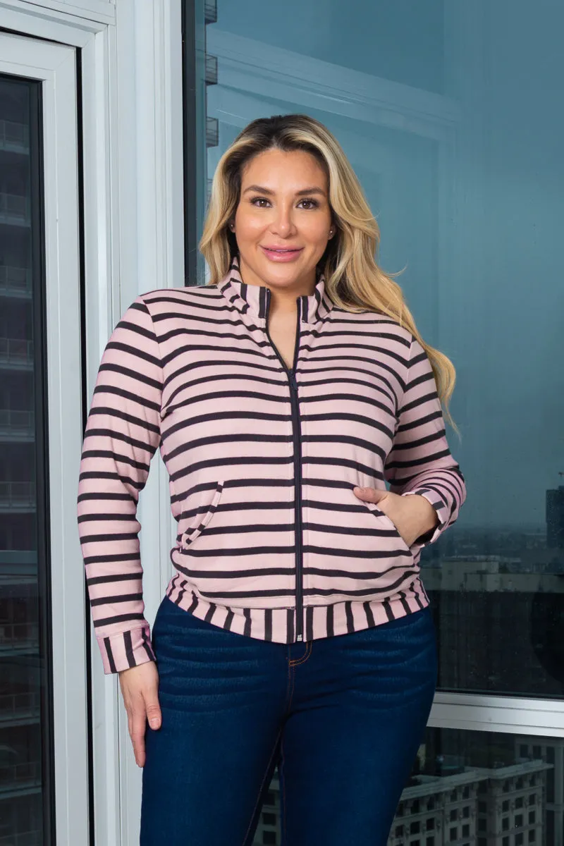 Plus Size Soft Striped Print Sweatshirt W/Front Zipper and 2 side Pockets (PS01-21)