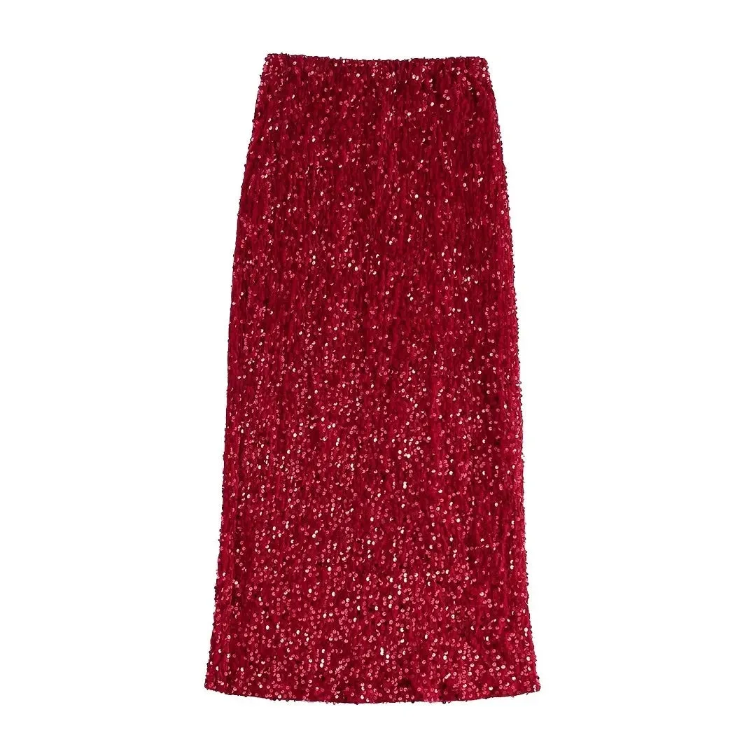 Pre Order:  Red Glittery Sequin Midi Skirt