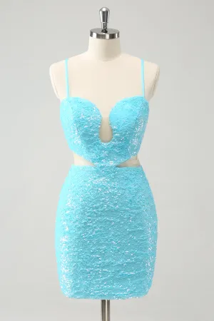 Sparkly Light Blue Spaghetti Straps Sequin Tight Mini Dress with Hollow Out