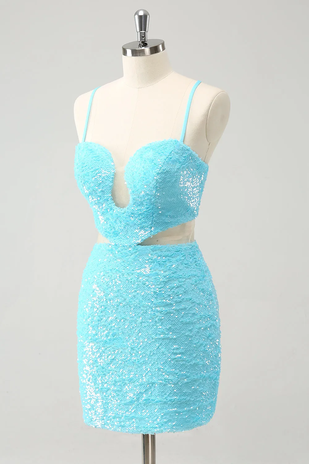 Sparkly Light Blue Spaghetti Straps Sequin Tight Mini Dress with Hollow Out