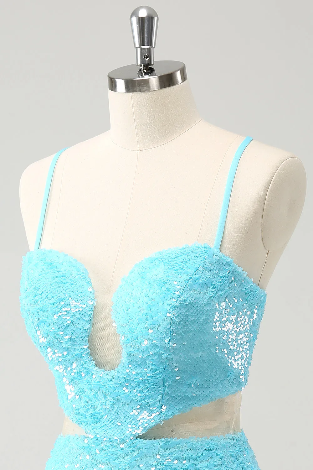 Sparkly Light Blue Spaghetti Straps Sequin Tight Mini Dress with Hollow Out