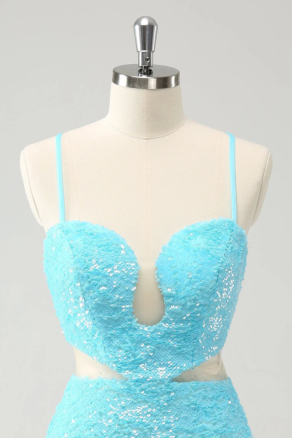 Sparkly Light Blue Spaghetti Straps Sequin Tight Mini Dress with Hollow Out