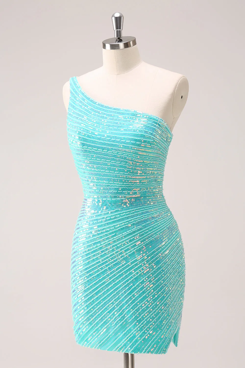 Sparkly Mint One Shoulder Tight Mini Dress with Sequins