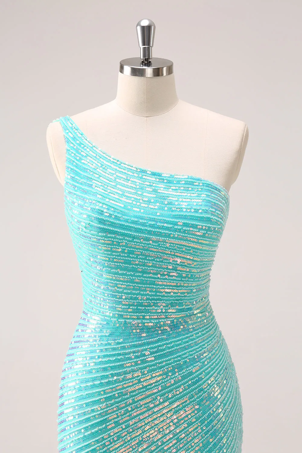 Sparkly Mint One Shoulder Tight Mini Dress with Sequins