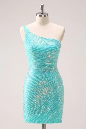 Sparkly Mint One Shoulder Tight Mini Dress with Sequins