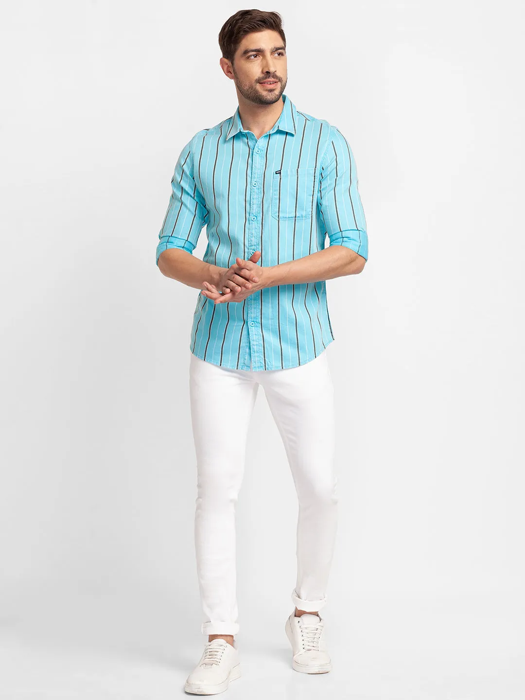 Spykar Aqua Blue Cotton Full Sleeve Stripes Shirt For Men