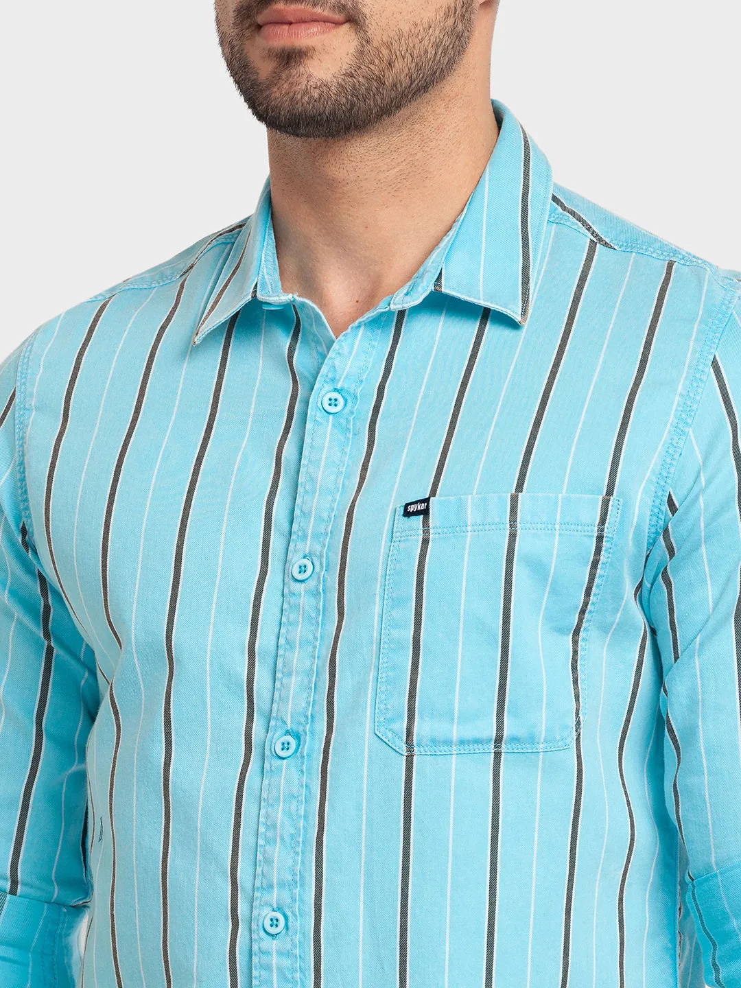 Spykar Aqua Blue Cotton Full Sleeve Stripes Shirt For Men