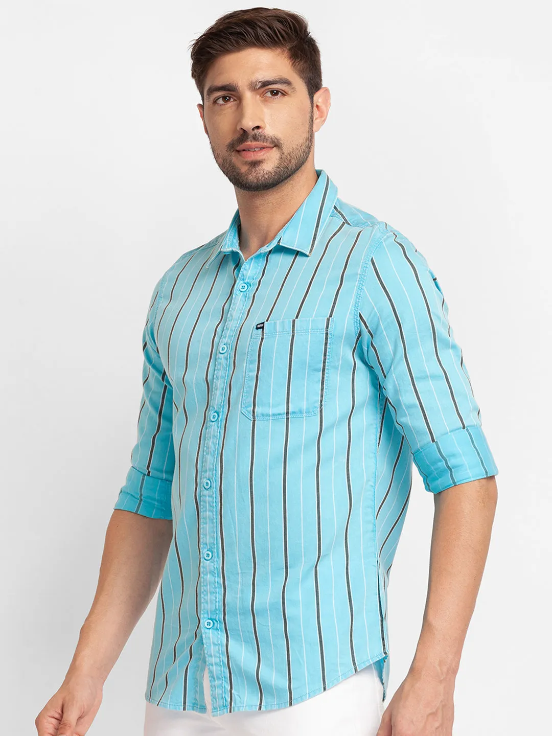 Spykar Aqua Blue Cotton Full Sleeve Stripes Shirt For Men