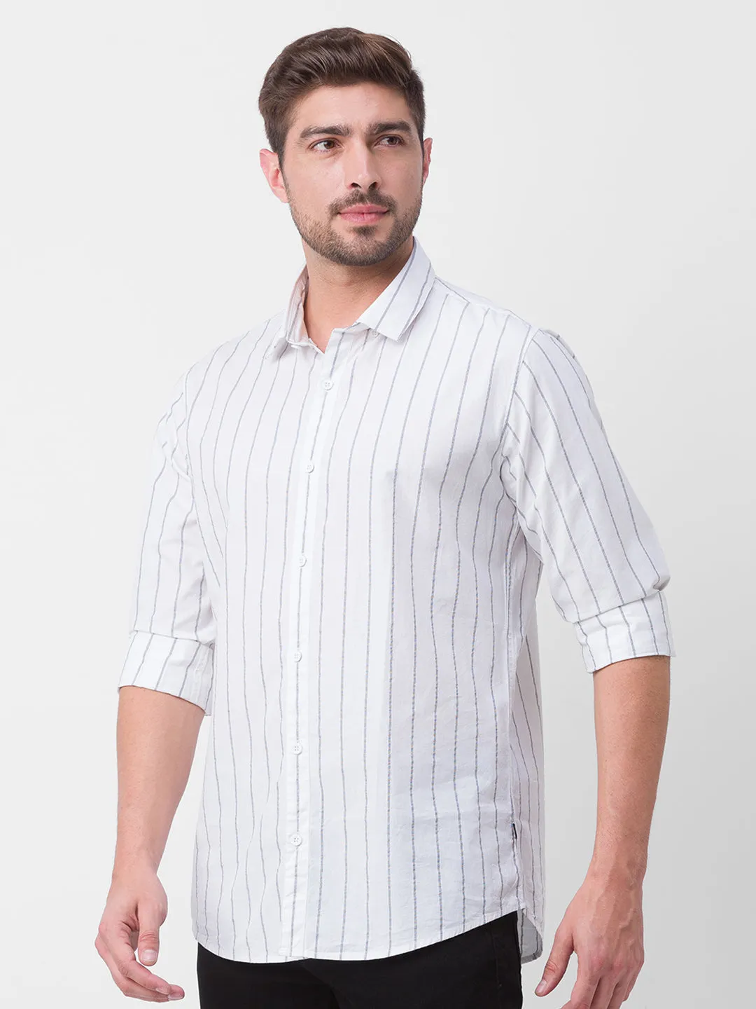 Spykar White Cotton Full Sleeve Stripes Shirt For Men