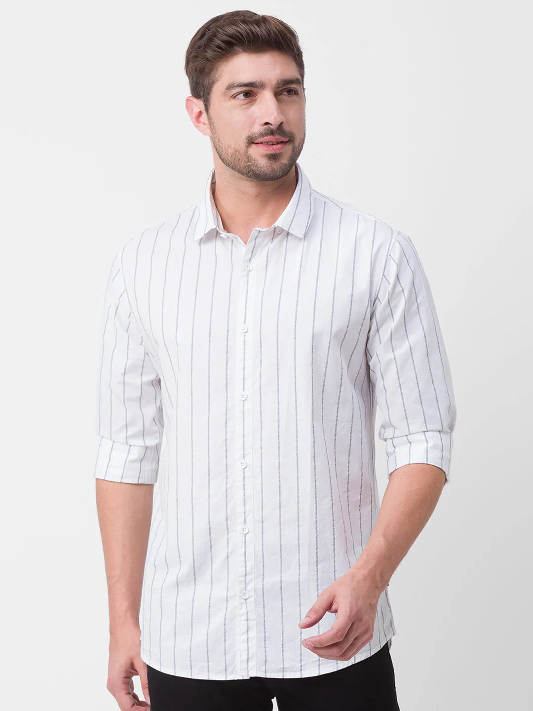 Spykar White Cotton Full Sleeve Stripes Shirt For Men