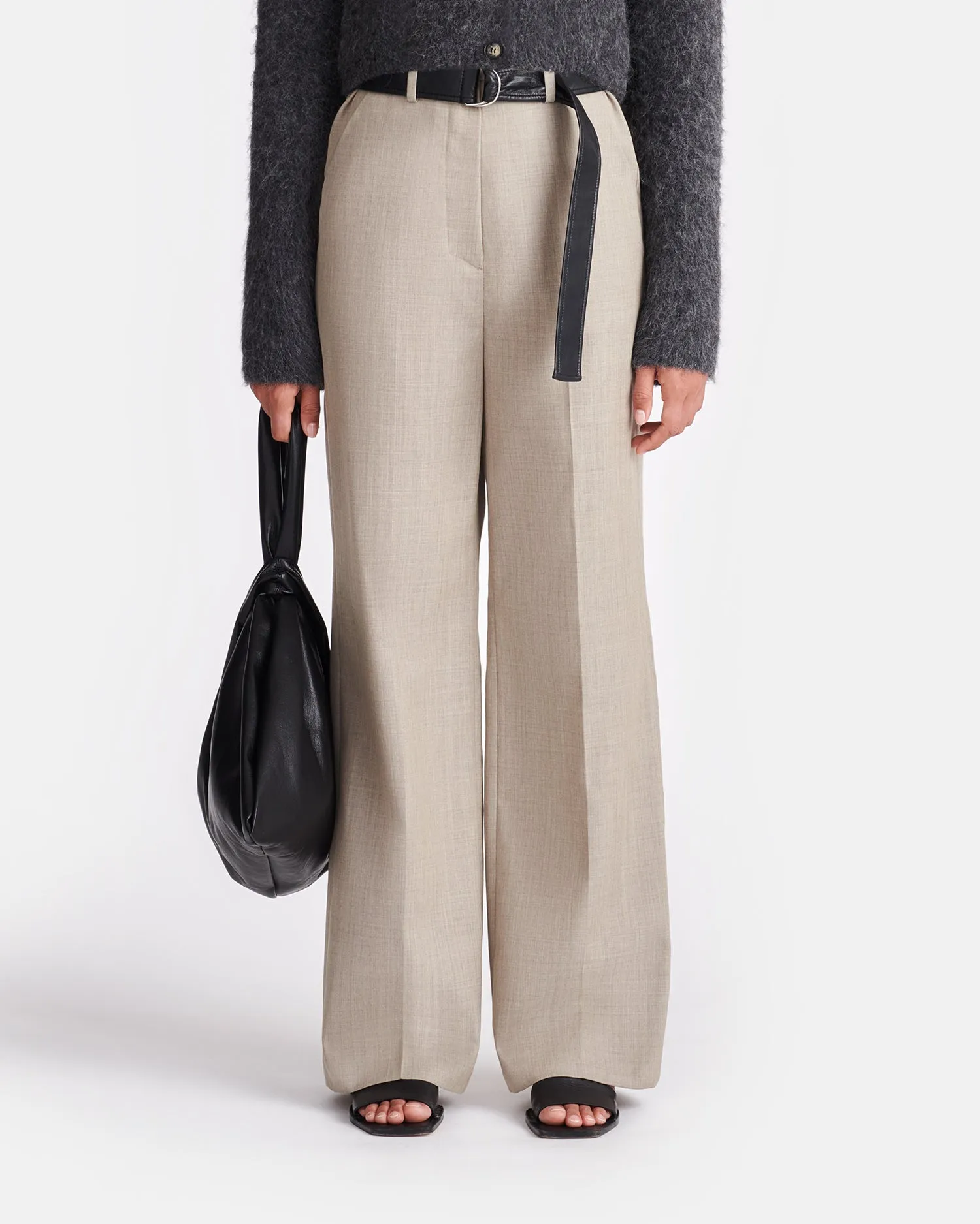 Ulani - Leather And Twill Suiting Wide-Leg Pants - Taupe/Black